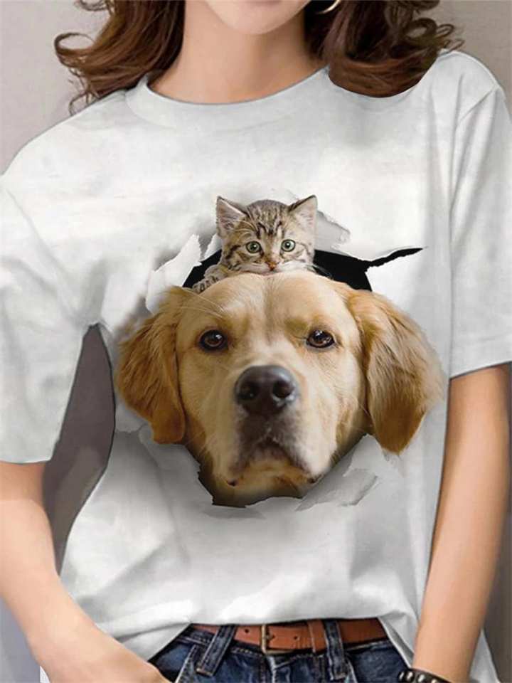White short sleeve round neck top cat design T-shirt S M L XL 2XL 3XL 4XL 5XL