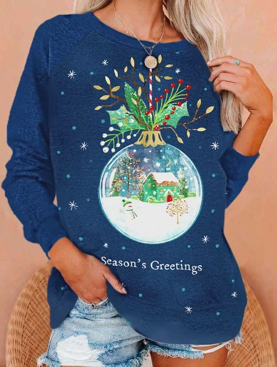 Women's Christmas Season's Greetings Snowflake Crystal Ball Mistoetle Print Sweatshirt