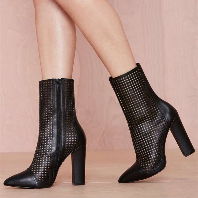 GOOSHOE Black Chunky Heel Boots Hollow Out Pointy Toe Ankle Boots
