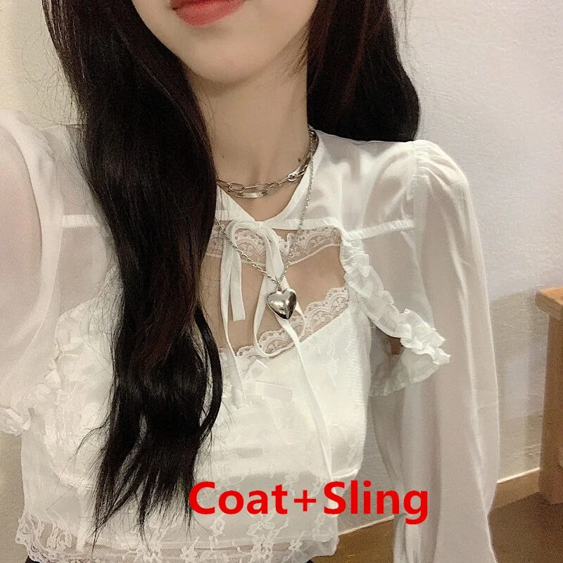 Lolita Elegant Lace Crop Tops Summer Women 2022 New Sling Vest Thin Chiffon Coats Japanese Fashion Camisole Lady Streetwear