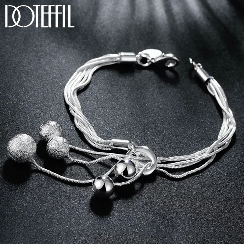 DOTEFFIL 925 Sterling Silver Snake Chain Smooth Matte Beads Pendant Bracelet For Woman Jewelry