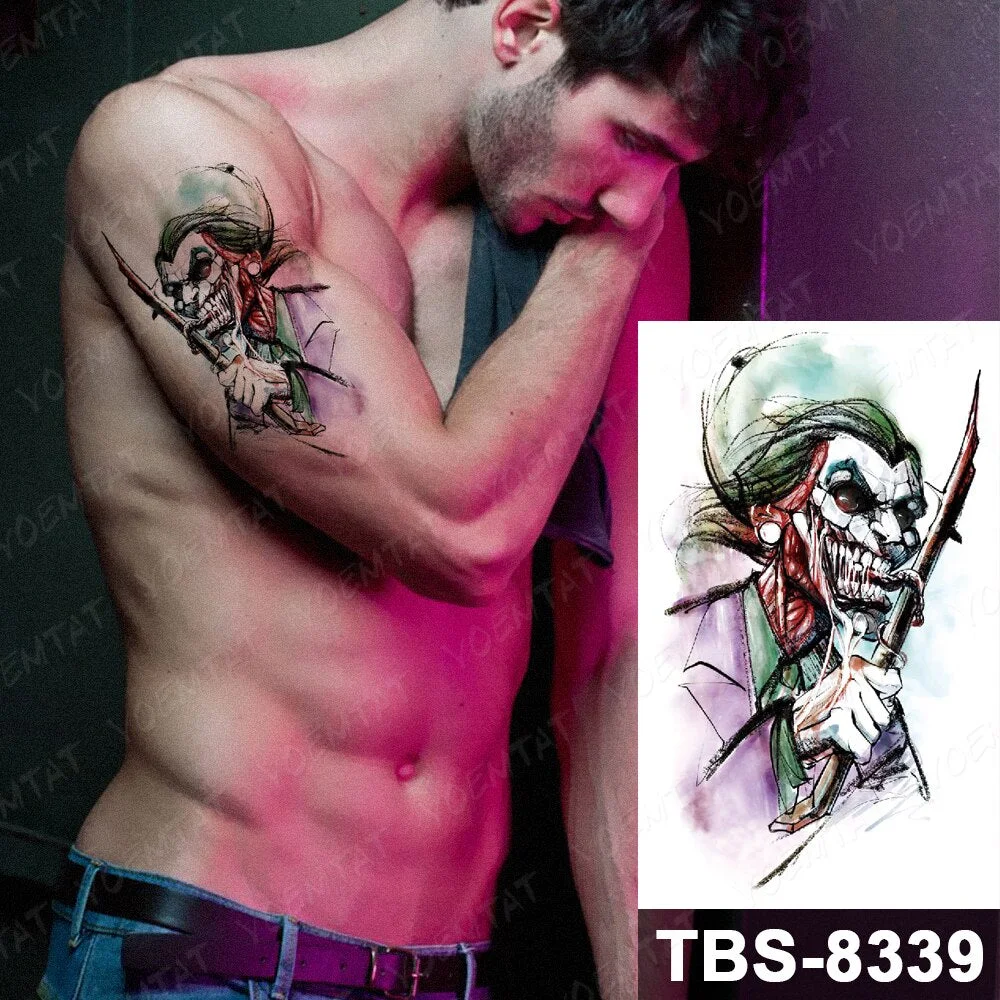 Waterproof Temporary Tattoo Sticker Skull Joker Clown Halloween cosplay Flash Tattoos Body Art Arm Fake Tatoo Men Women