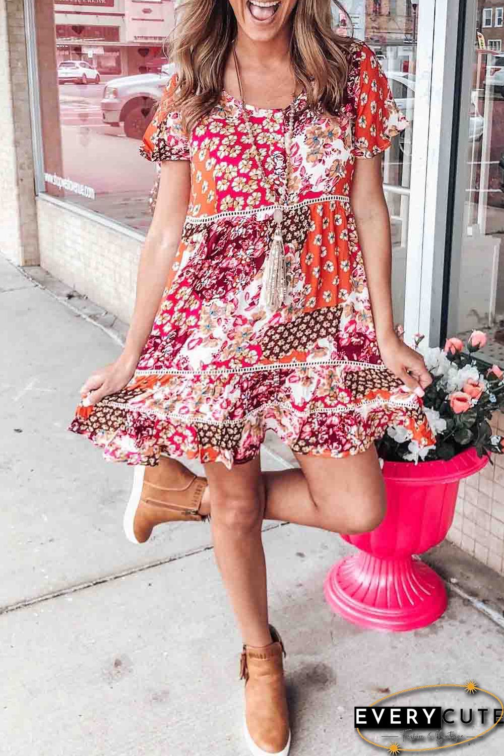 Multicolor Vintage Boho Print Short Sleeve Shift Dress