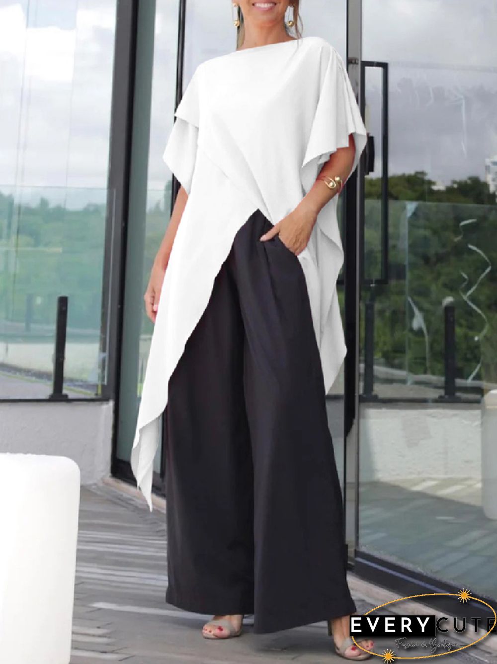Irregular Clipping Loose Asymmetric Solid Color T-Shirts Tops