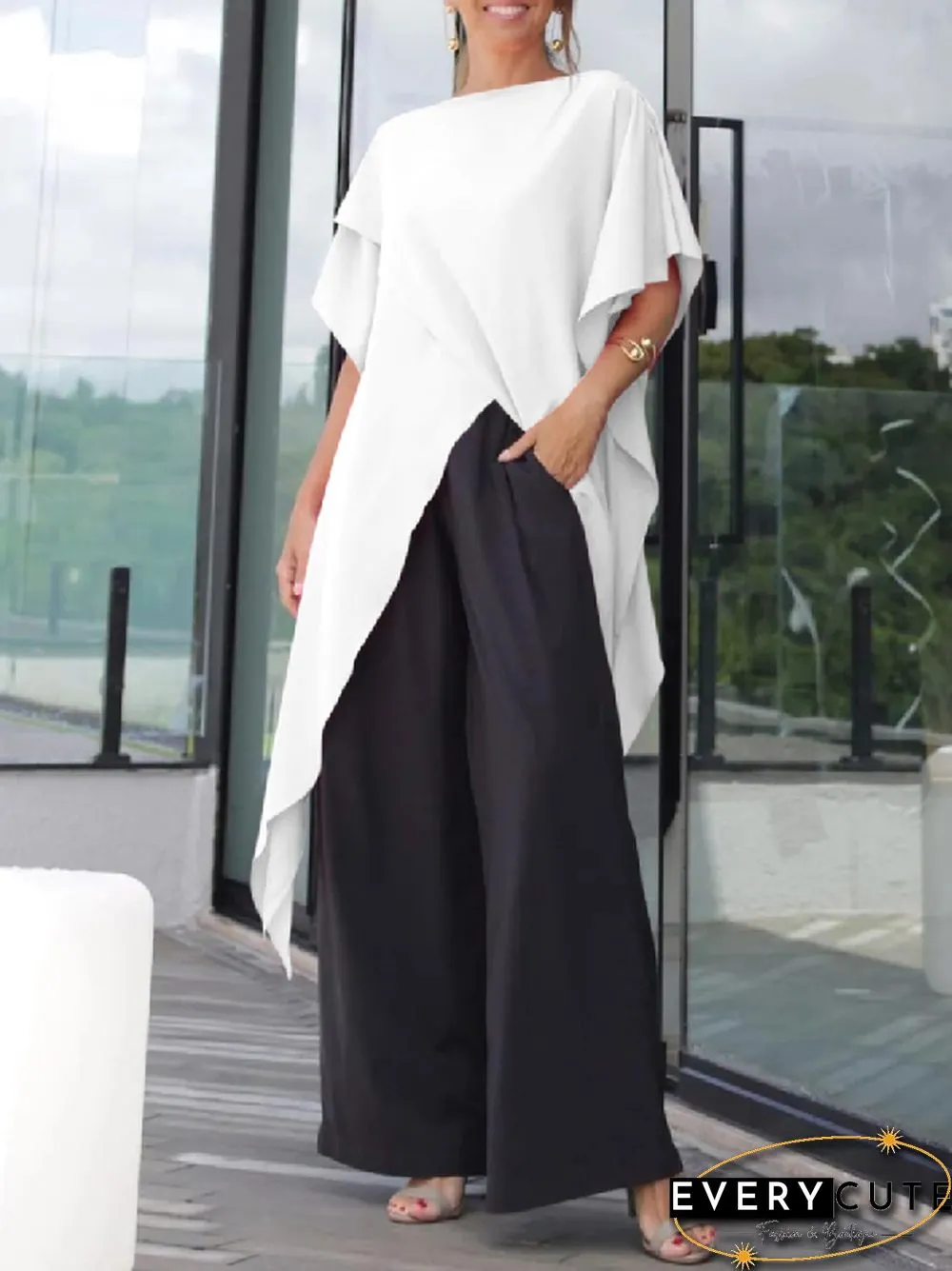 Irregular Clipping Loose Asymmetric Solid Color T-Shirts Tops
