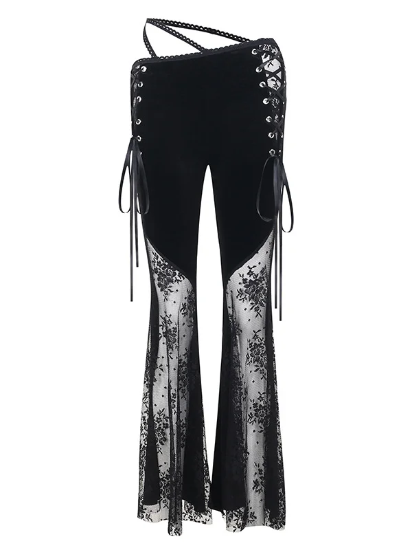 Statement Velvet Bandaged Lace-up See Through Mesh Bell-bottomed Pants