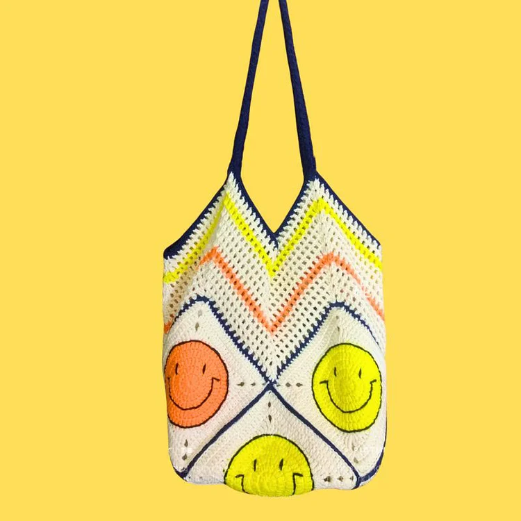 Lulusnow Handmade White Yellow Smiley Faces Beach Summer Bag Shoulder Bag, Amigurumi Smile Shoulder Bag, Handmade Bag Gifts