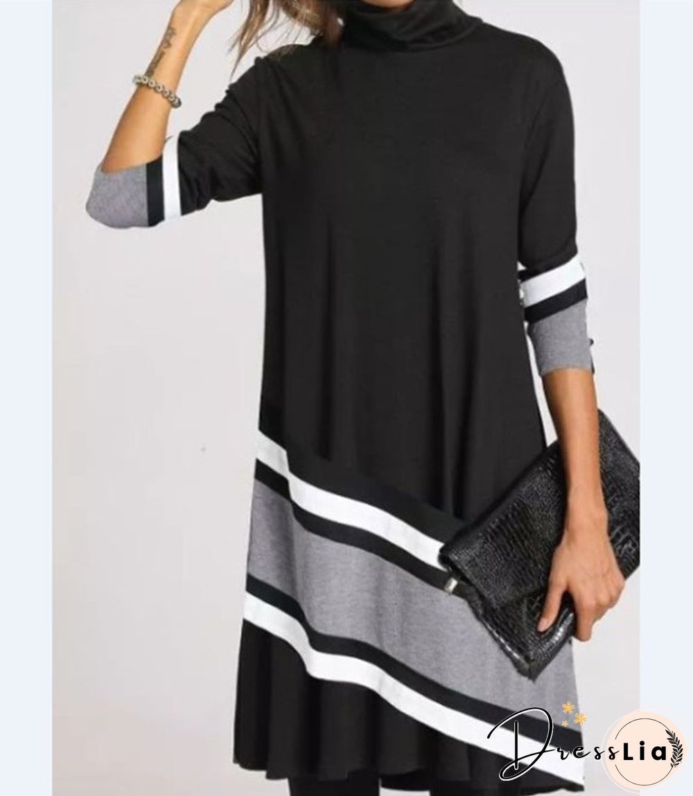 Printed Half-turtleneck Long Sleeve Dress Black Dresses