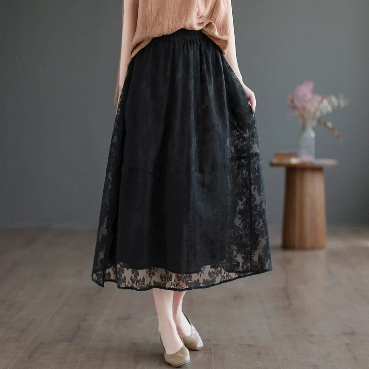 Summer Retro Figured Mesh Cotton Linen Skirt