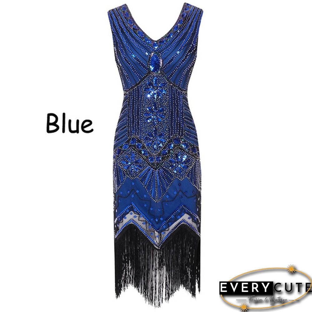 Vintage Dress Great Gatsby Dress 1920S Sequin Flapper Evening Dress Prom Tassel Hem Dress