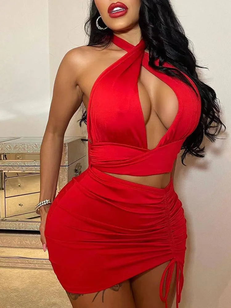 Promsstyle hollow cross halter neck crop top with ruching skinny mini skirt two-piece set Prom Dress 2023
