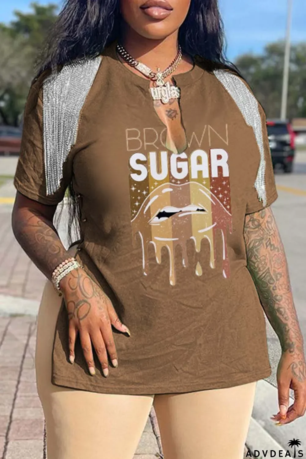 Grey Casual Print Tassel Patchwork V Neck T-Shirts