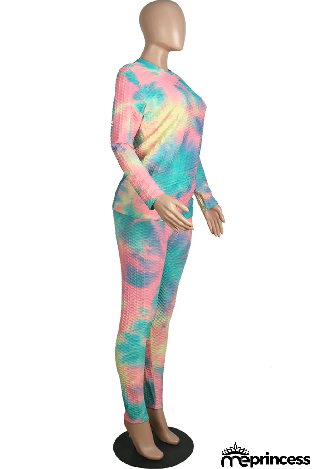 Pink Casual Gradual Change Print Tie Dye Split Joint O Neck Long Sleeve Two Pieces