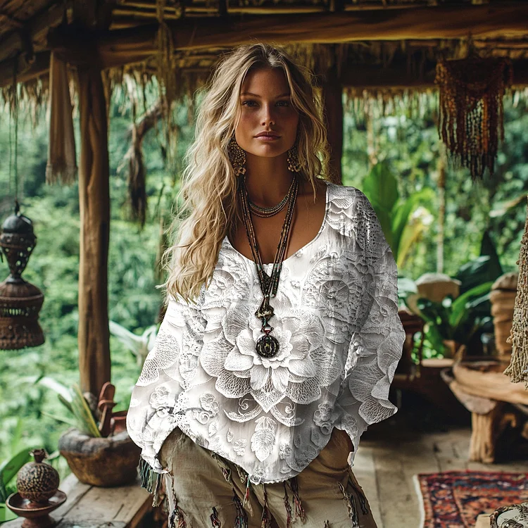 Vintage Lace Floral Linen Blend Shirt