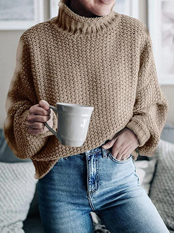 Casual Long Sleeves Solid Color High-Neck Sweater Tops