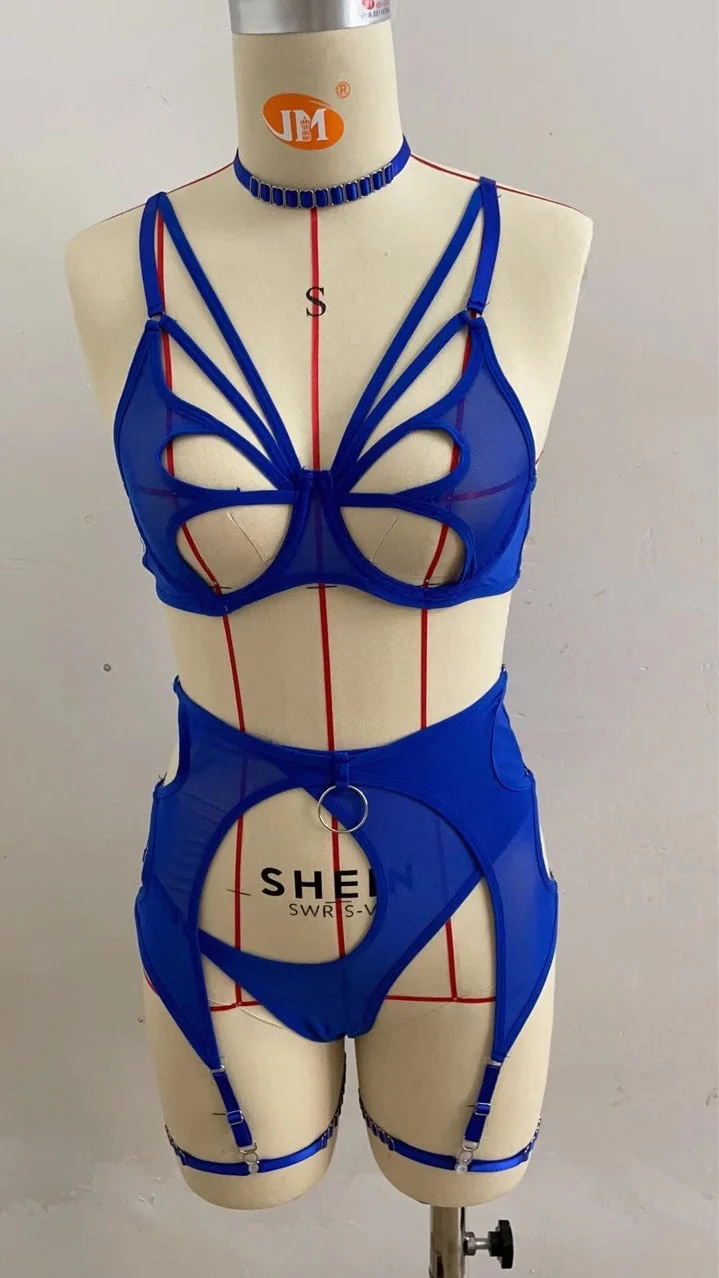 Yimunancy 4-Piece Mesh Exotic Set Women Choker Bandage Fancy Kit Yellow Cut Out Sexy Lingerie Set