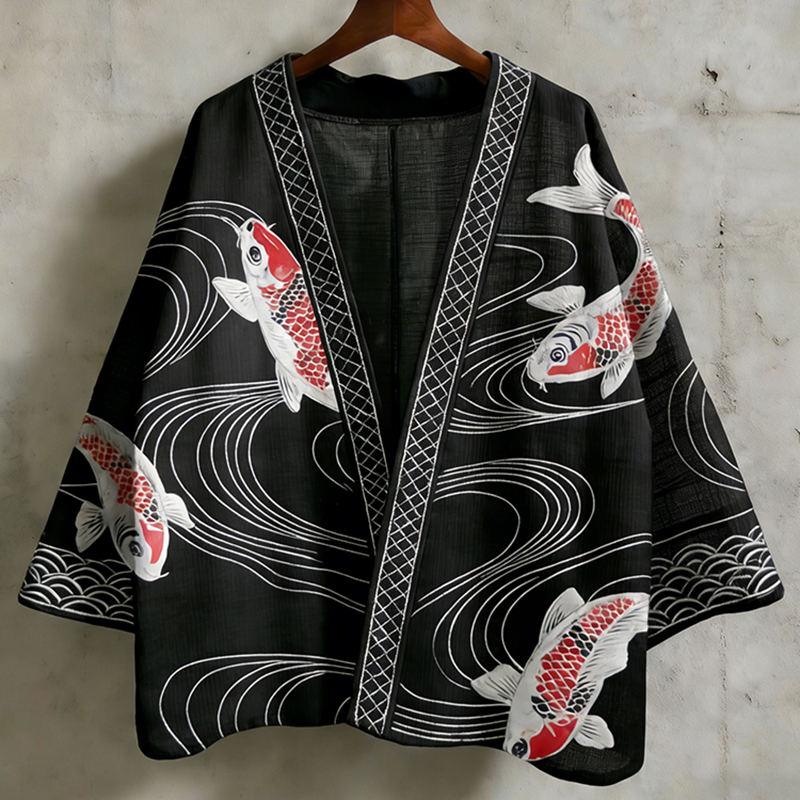 Retro Japanese Koi With Wave Pattern Casual Kimono Cardigan  artssus