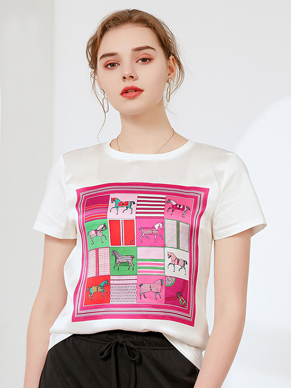 Silk T-shirt Printed Short-sleeved Style-Real Silk Life