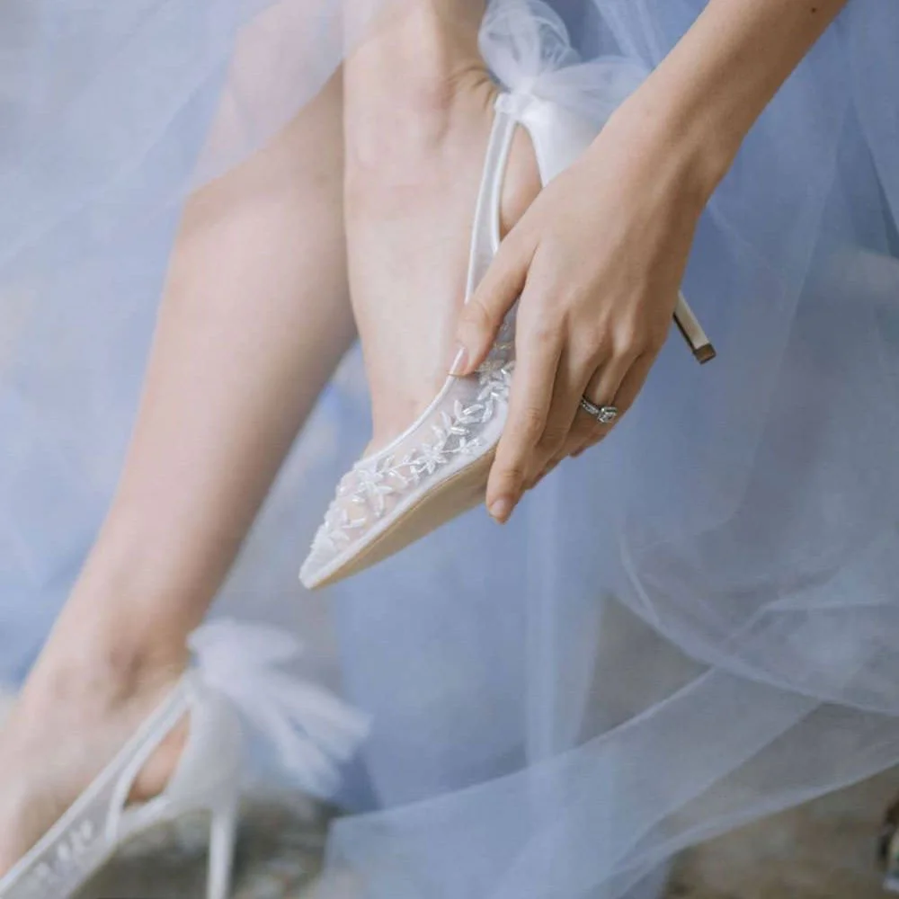 Fashion Ivory Pointed Toe Removable Tulle Bows Wedding Pumps Heels