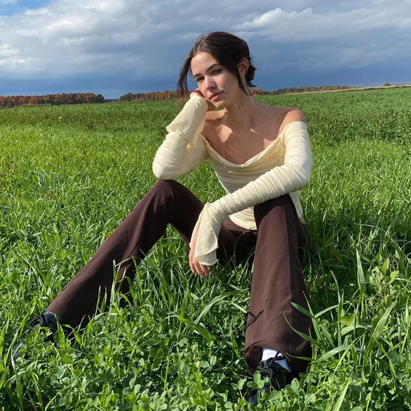 Uveng Uveng New Hot Selling Sexy Shoulder Slim Mesh Horn Sleeve Long Sleeve Crop T-Shirt