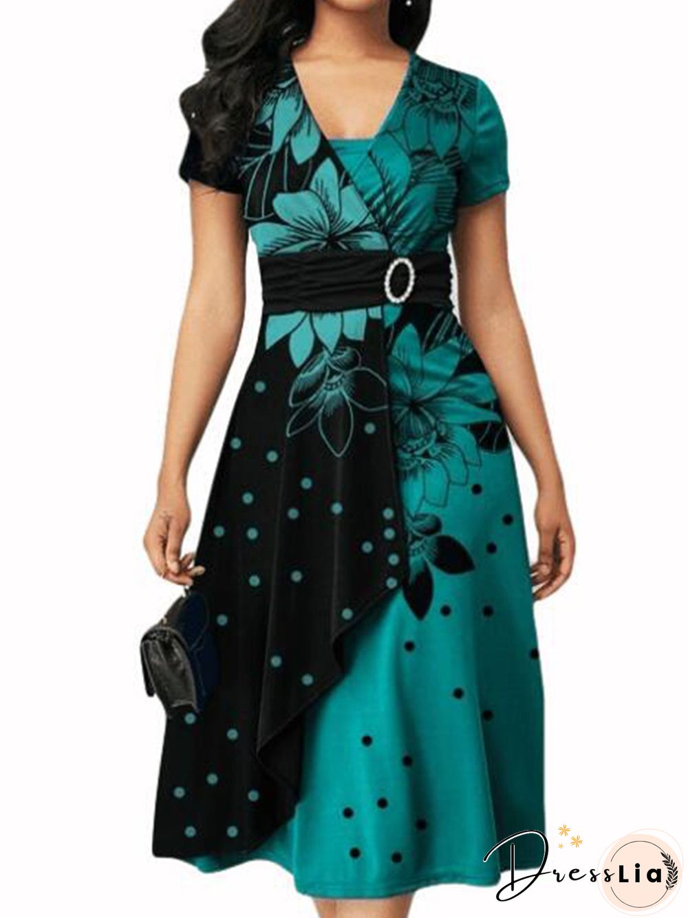 Vintage Color-Block Polka Dots Floral Printed Short Sleeve Plus Size Casual Knitting Dress