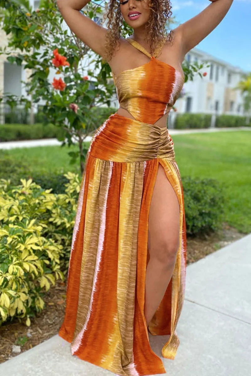 Orange Sexy Print Patchwork Backless Straight Dresses | EGEMISS