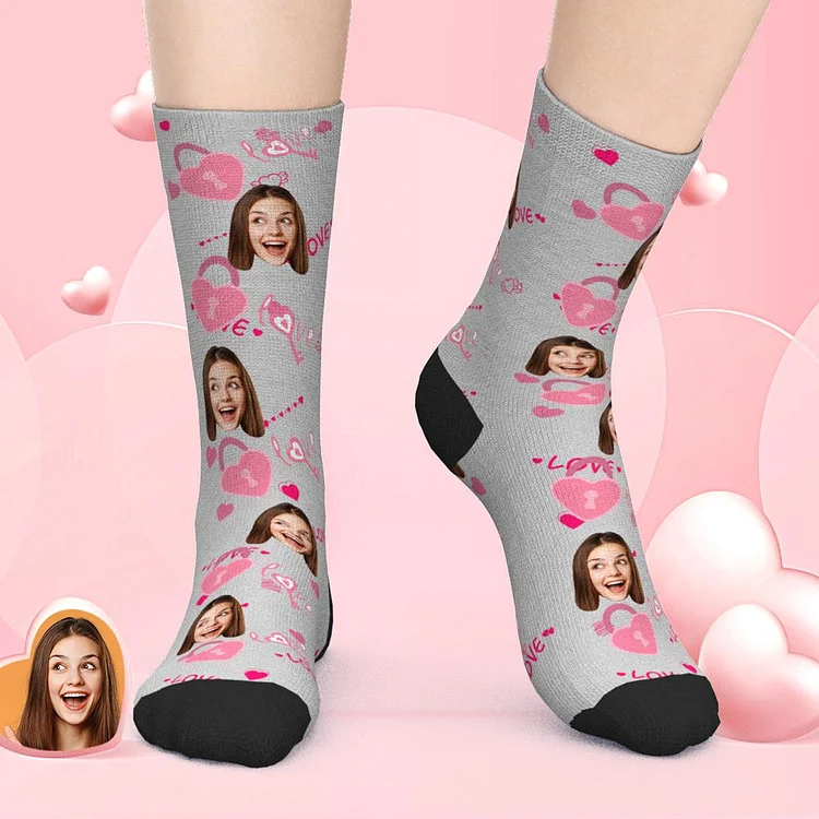 Custom Face Socks Love Heart Lock Socks