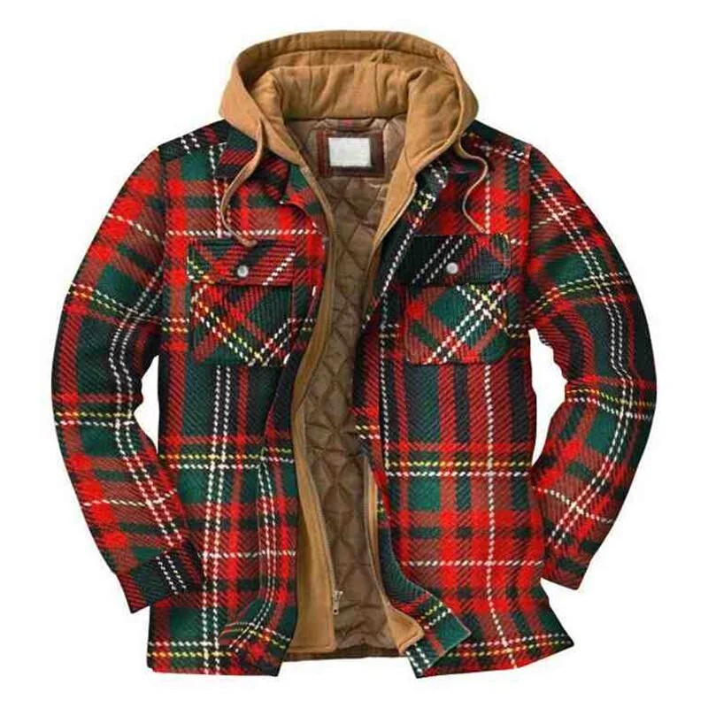 Men's Checkered Textured Winter Thick Hooded Jacket、、URBENIE