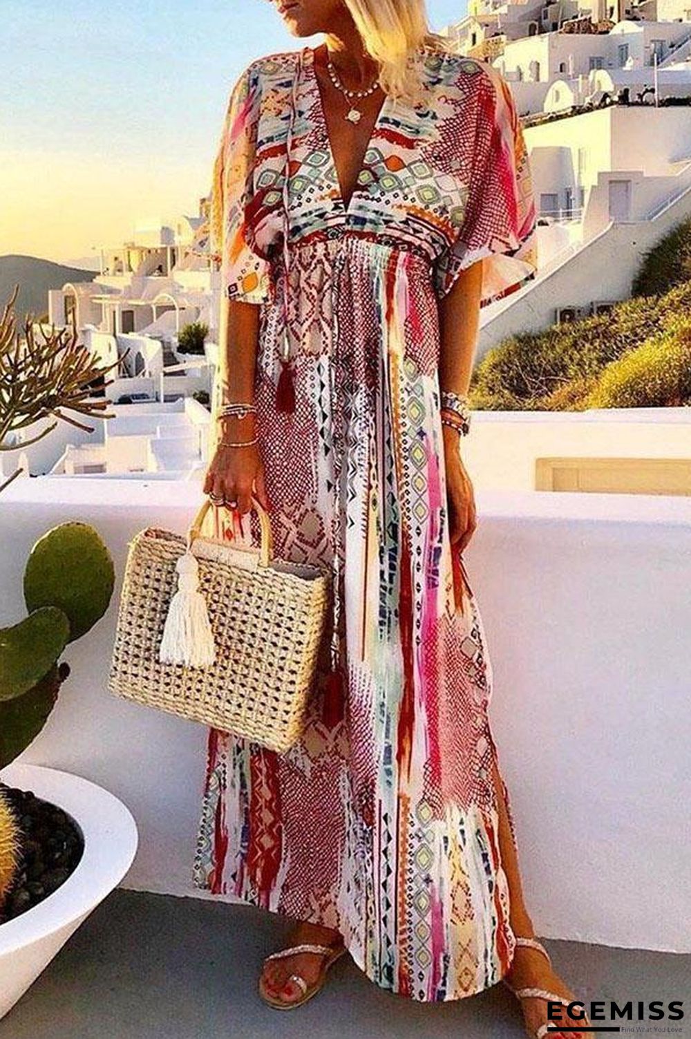 Bohemian Print Plunging Neck Maxi Slit Dress | EGEMISS