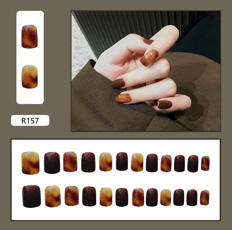24pcs Gradient Amber Marble Texture Nails Art Long Trapezoid False Nails Wearable Fake Nails With Glue And Wearing Tools-Nail Inspo