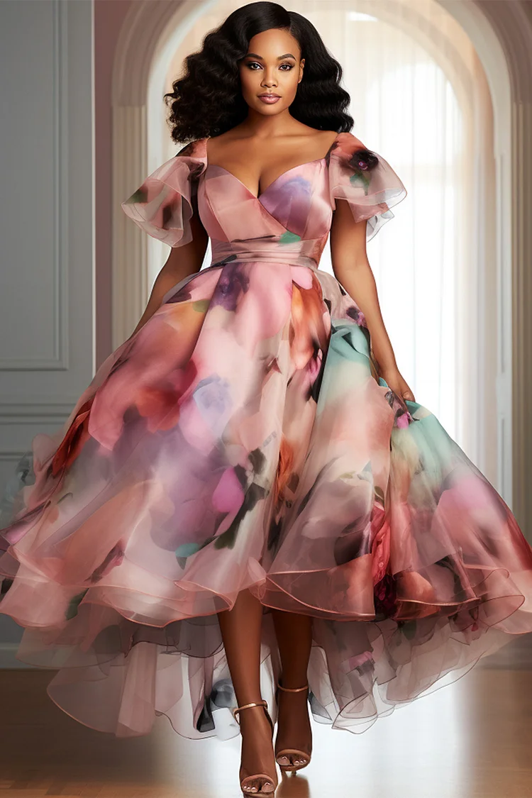 Xpluswear Design Plus Size Wedding Guest Multicolor Floral Wrap Neck Short Sleeve Pleated Organza Midi Dresses [Pre-Order] 2024 - Xpluswear
