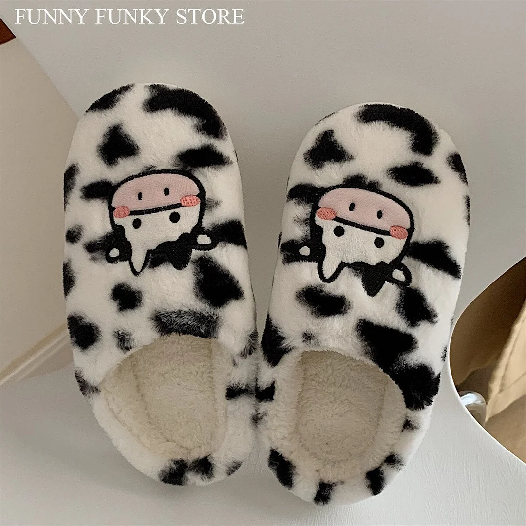 Women's Shoes Flocky Fur Cartoon Animal Dairy Cow Desgin Slippers for Woman Fluffy Upper Antislip House Flat Slide