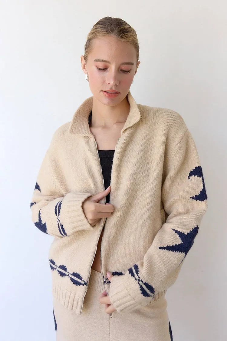Cozy Pattern Zip Sweater Set