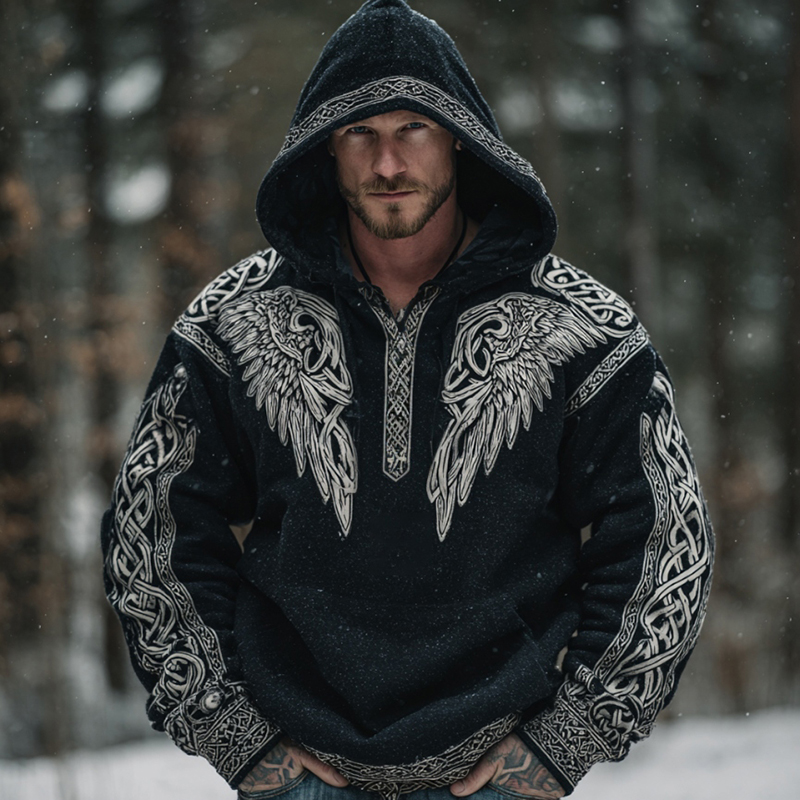 Men's Viking Celtic Wings Pattern Cozy Plush Hoodie elevenforest
