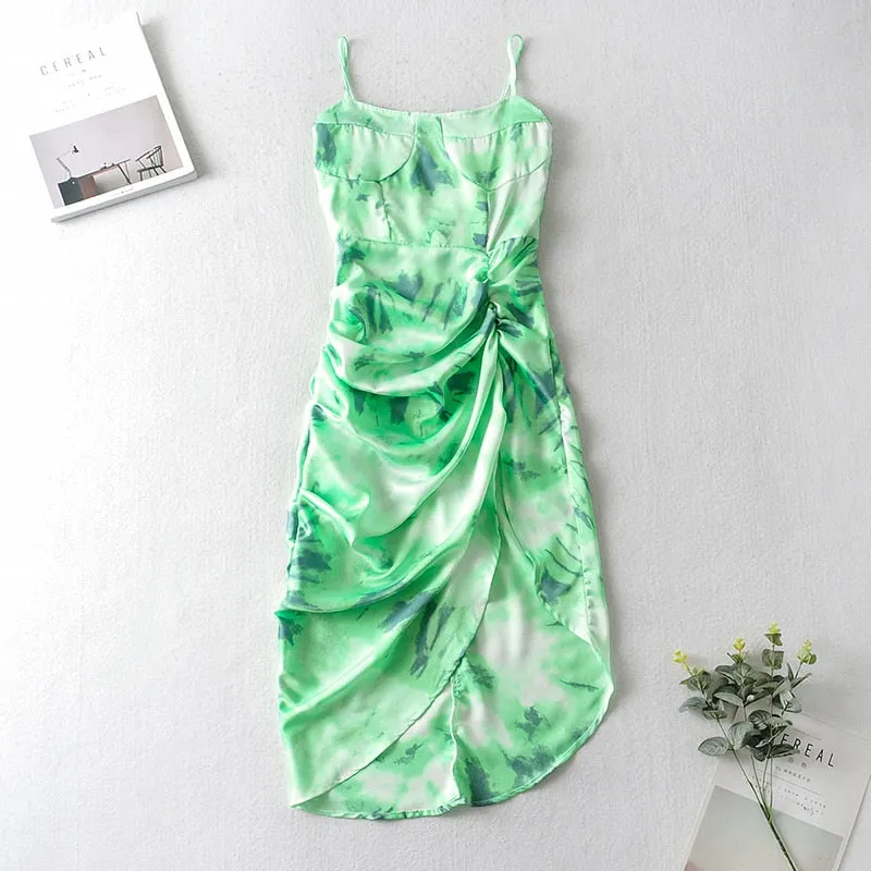 Aachoae Summer Spaghetti Strap Beach Dress Women Printed Split Sexy Holiday Dress Sleeveless Backless Pleated Satin Midi Dresses