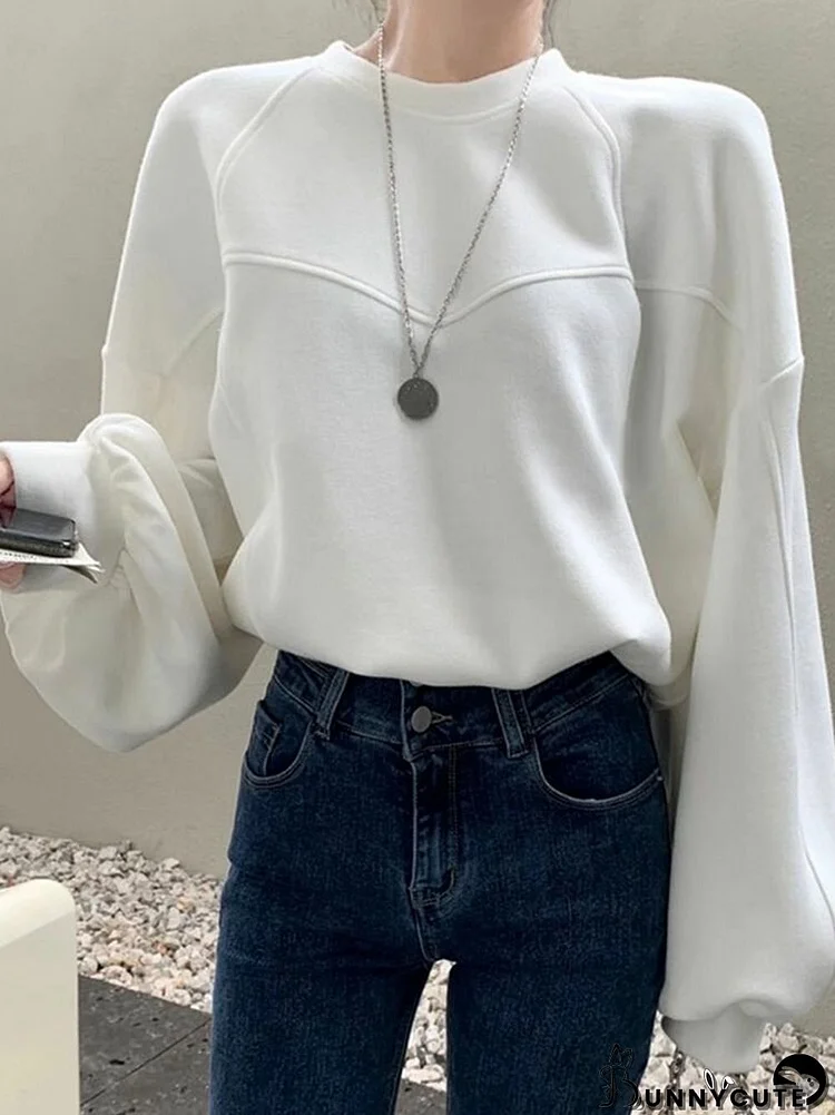 Solid Lantern Sleeve Loose Crew Neck Casual Sweatshirt