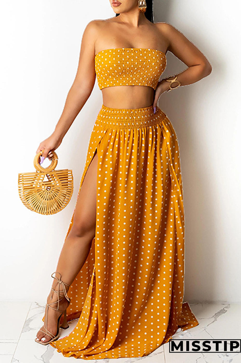 Yellow Sexy Dot High Opening Strapless Sleeveless Two Pieces