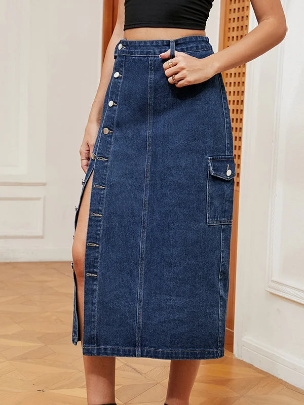 Csual Blue Buttoned Pockets Split-Front Denim Skirt