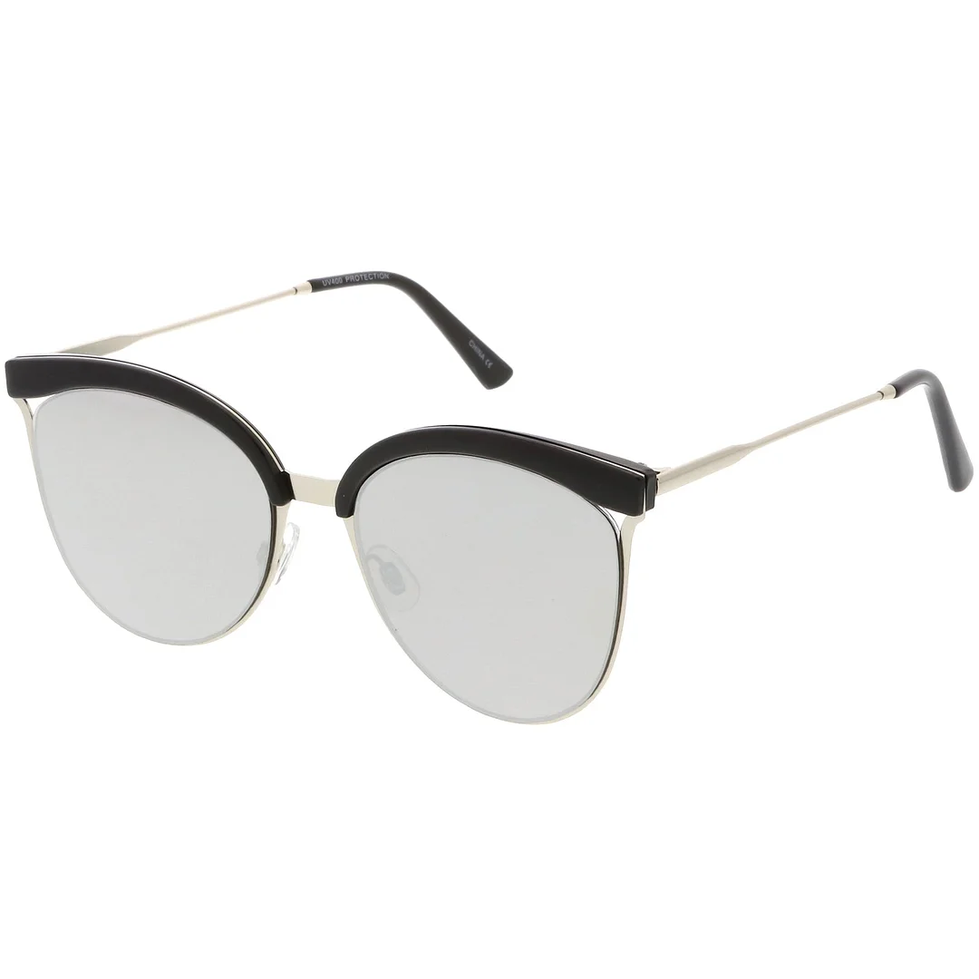 Modern Semi-Rimless Cat Eye glasses Cutout Round Mirrored Flat Lens 55mm