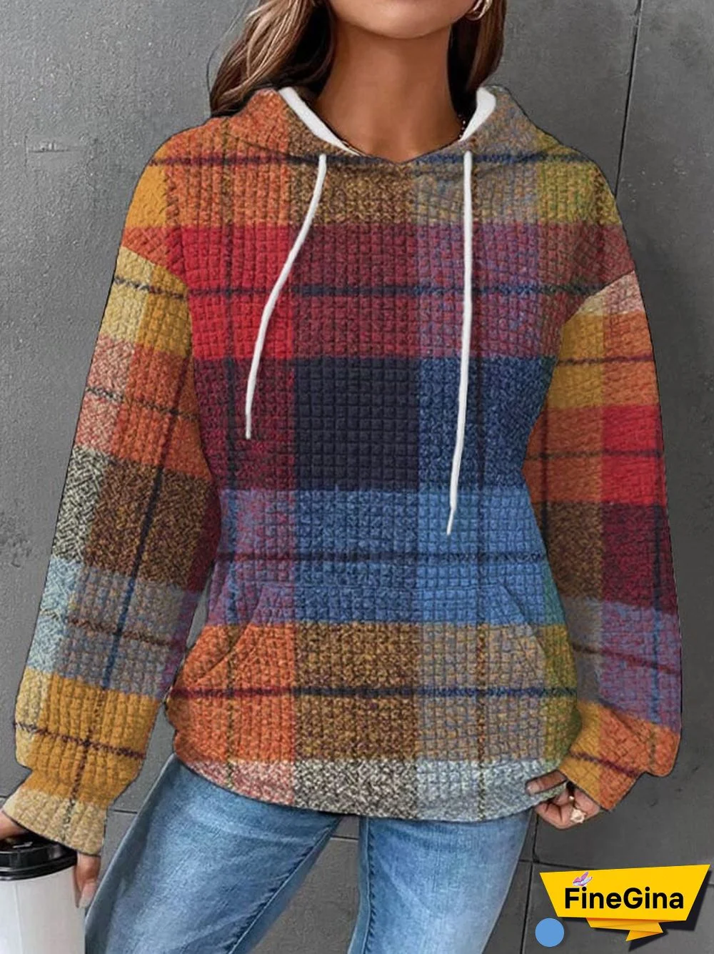 Women's Colorful Plaid Print Waffle Hoodie