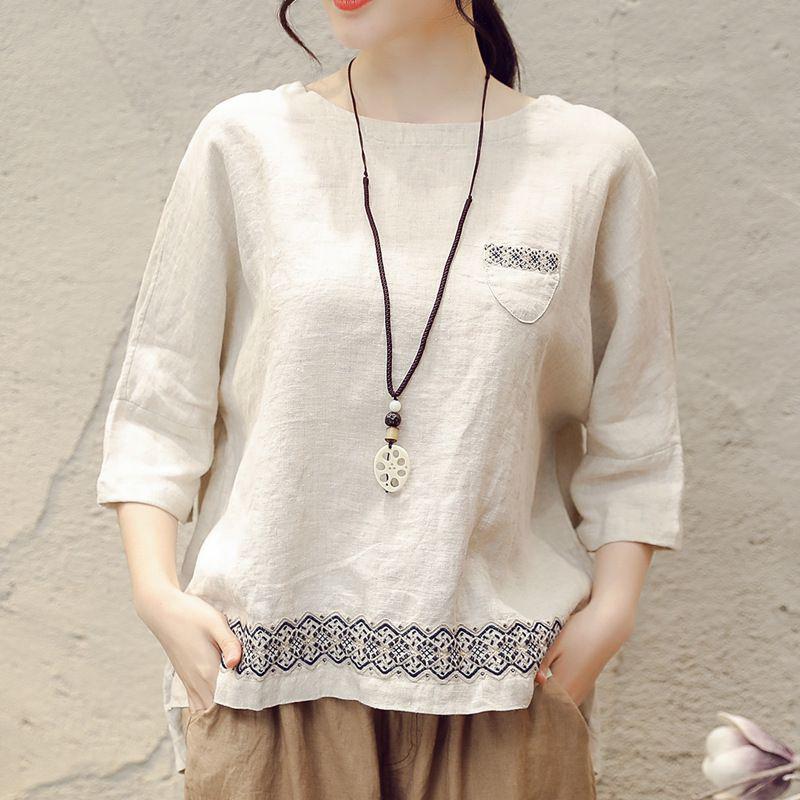 Women Half Sleeve Loose Vintage Embroidery Cotton Linen Shirts