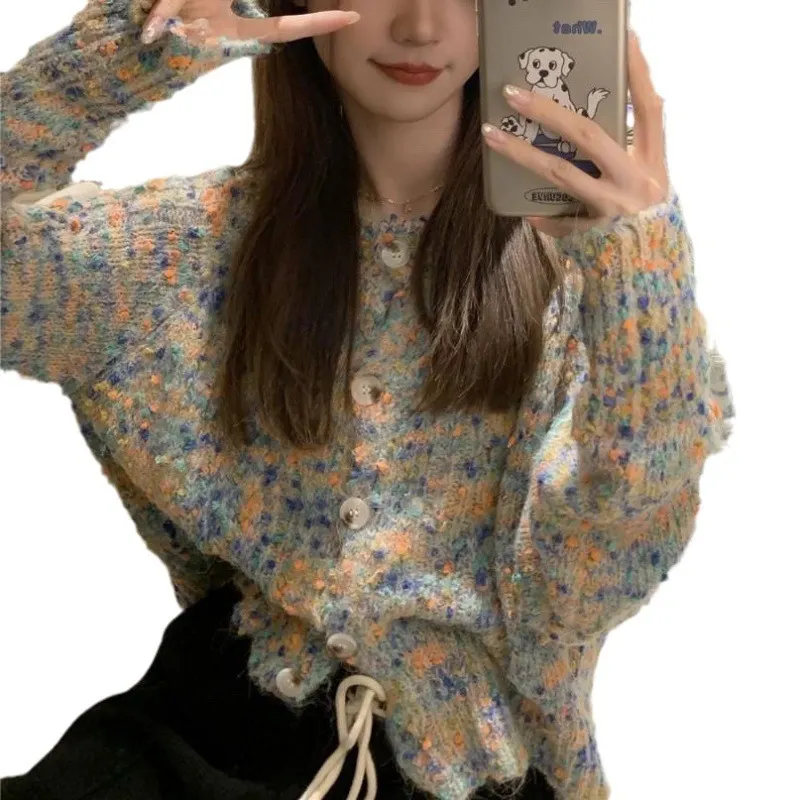 Churchf Churchf Rainbow Sweater Cardigan Coat Female 2024 Autumn / Winter New Korean Retro Lazy Ins Small Incense Sweater