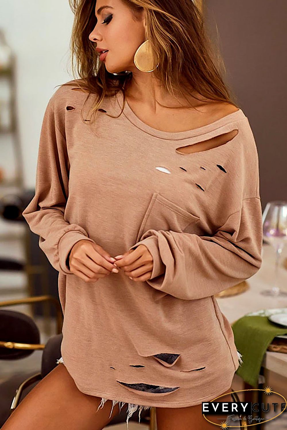 Khaki Distressed Cutout Long Sleeve Casual Top