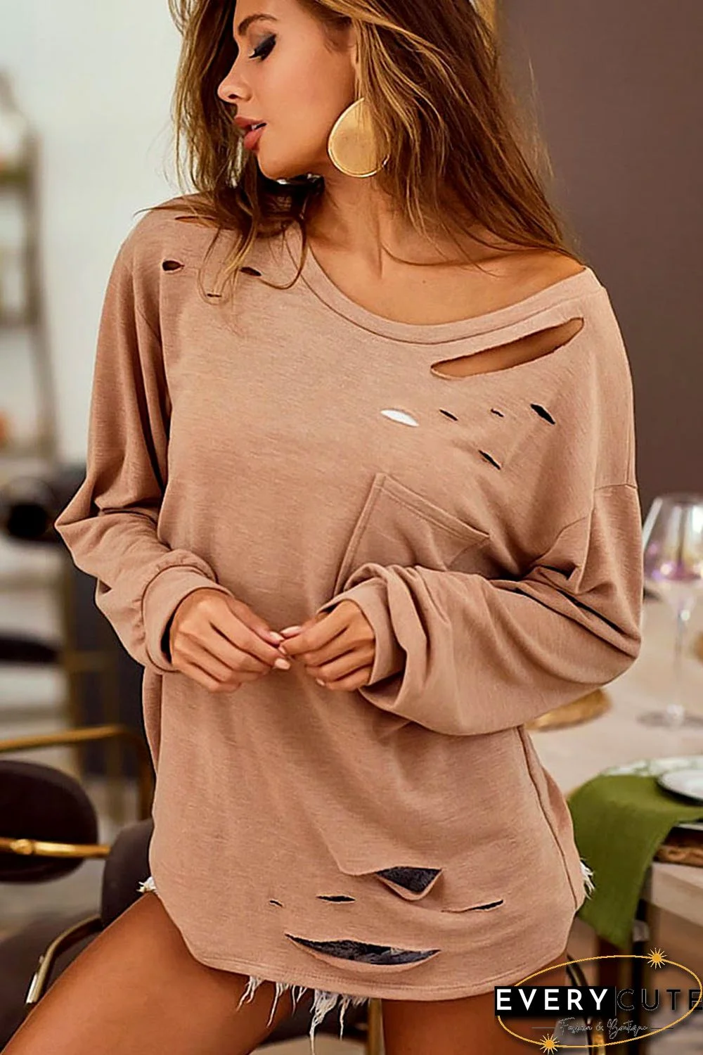 Khaki Distressed Cutout Long Sleeve Casual Top