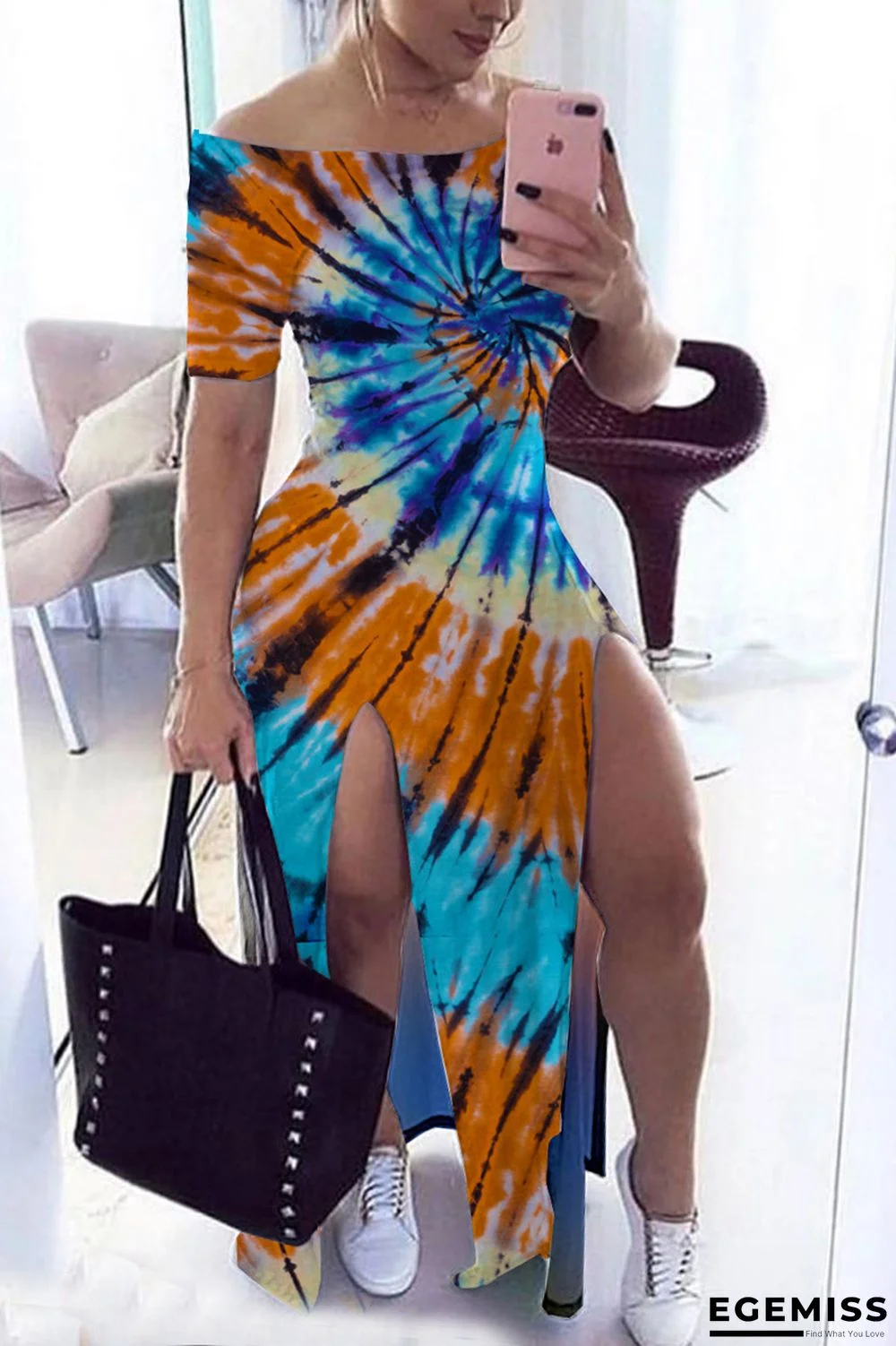 BlueOrange Sexy Print Off Shoulder Split Dress | EGEMISS