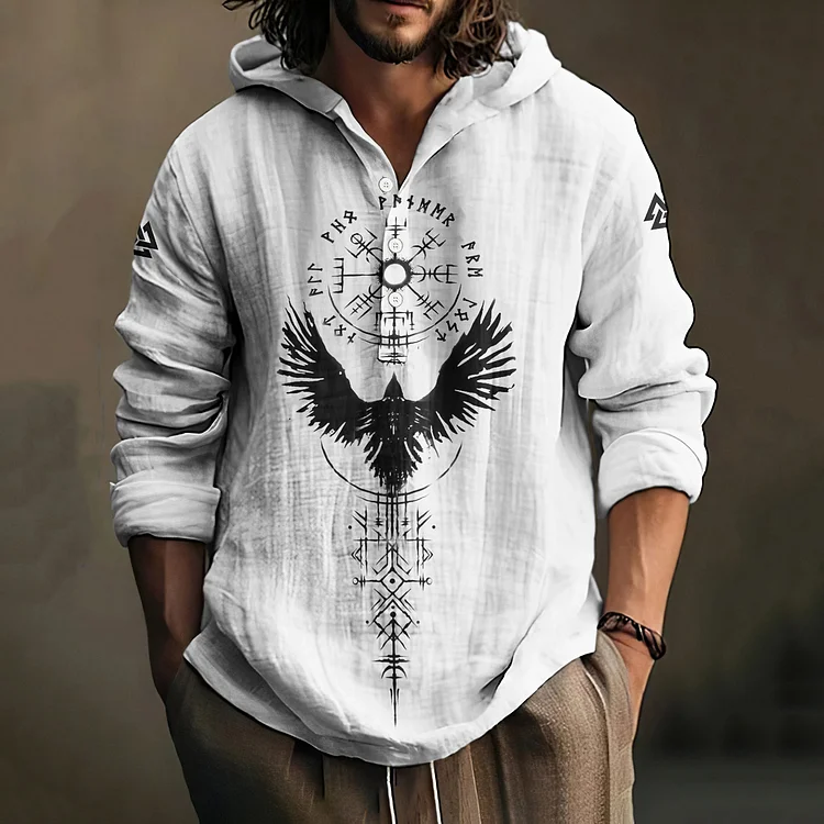 Vintage Bird Viking Totem Art Men'S Linen Hooded Shirt