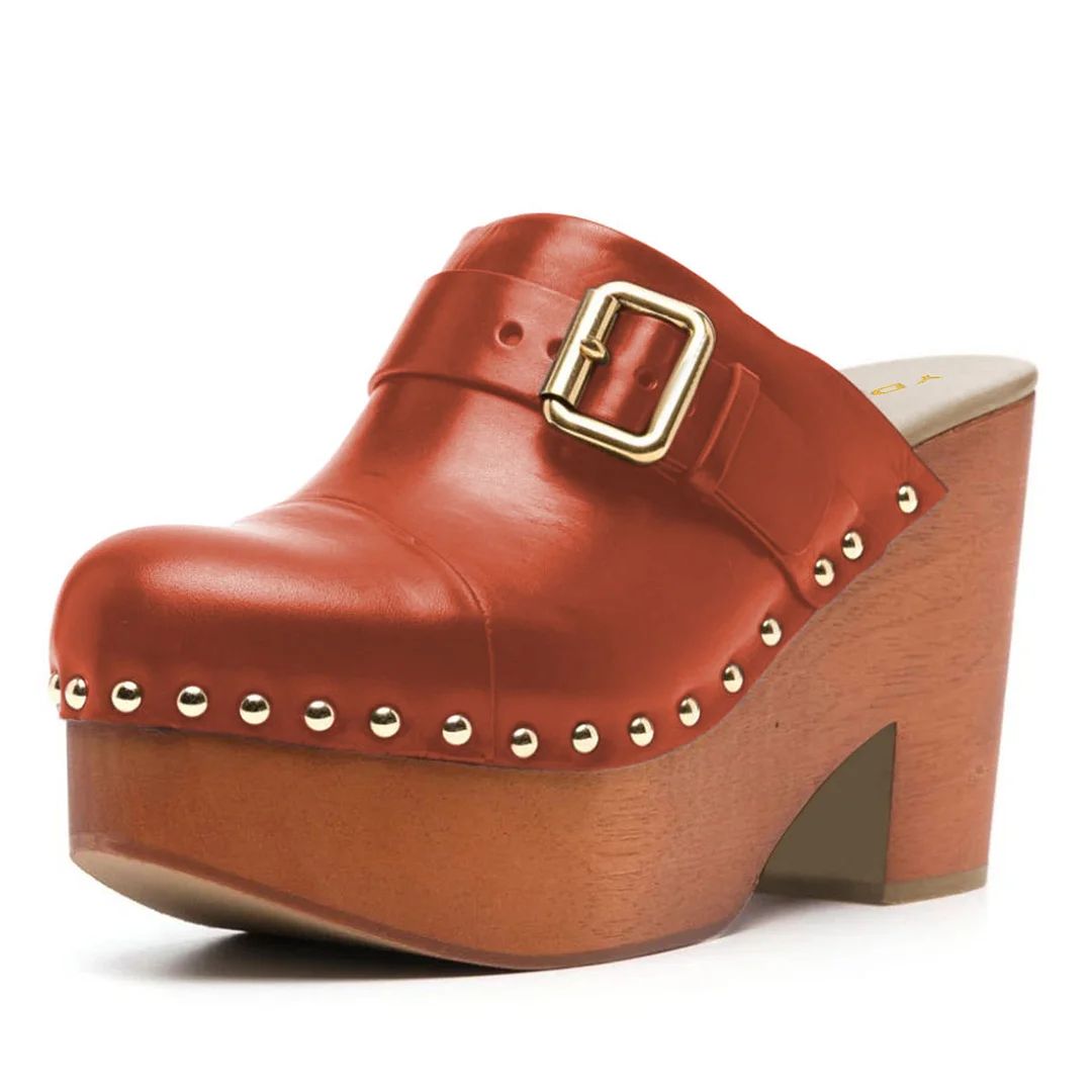 Orange Studded Buckle Strap Round Toe Platform Mules with Block Heel