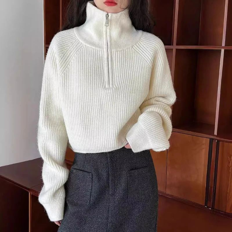 Autumn Winter  Zipper Sweaters Women Solid Color High Neck Knitted Pullover Solid Red Loose Turndown Collar Women's Turtleneck Aiertu