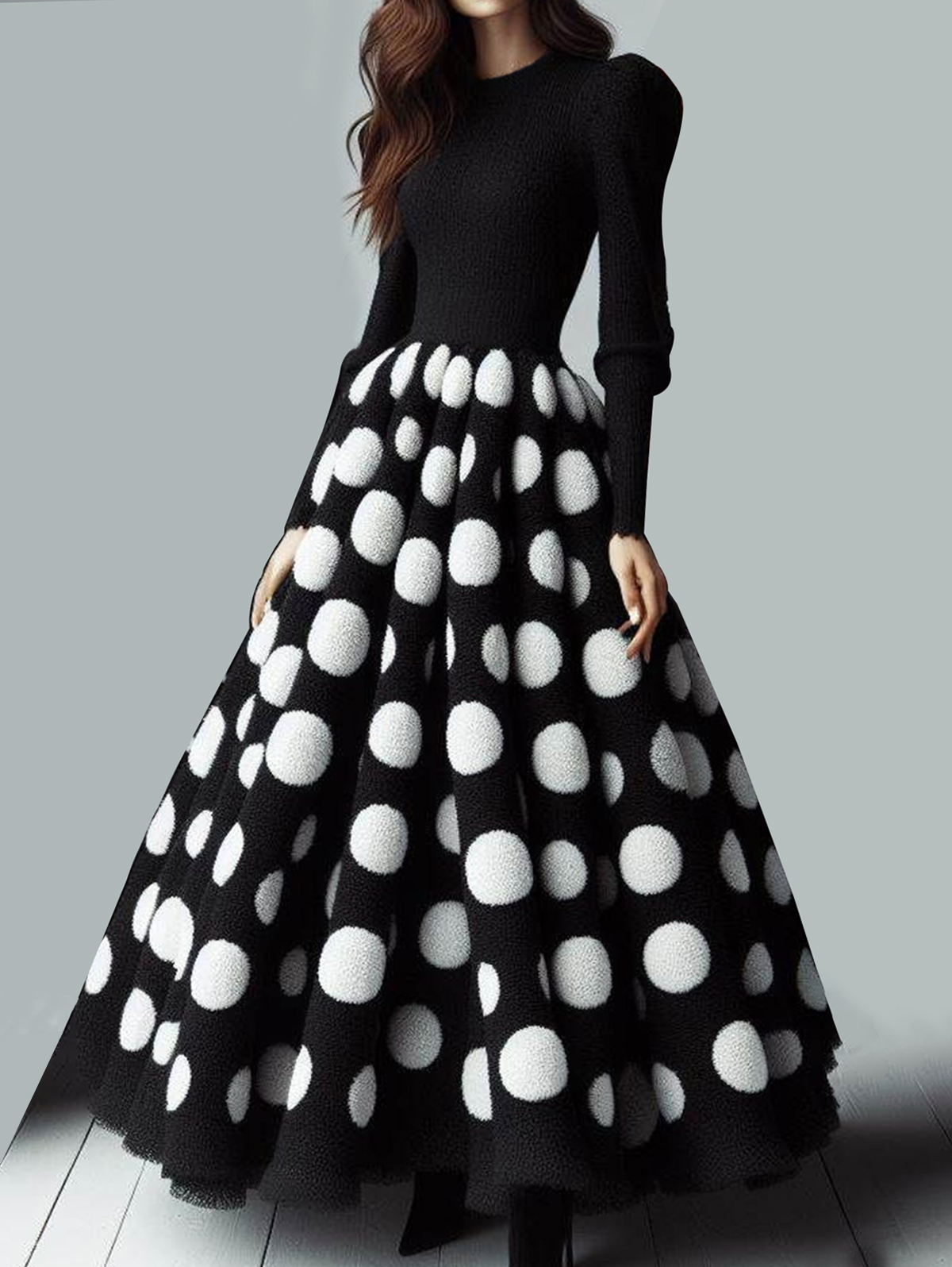 Formal Polka Dots Long Sleeve Maxi Dress