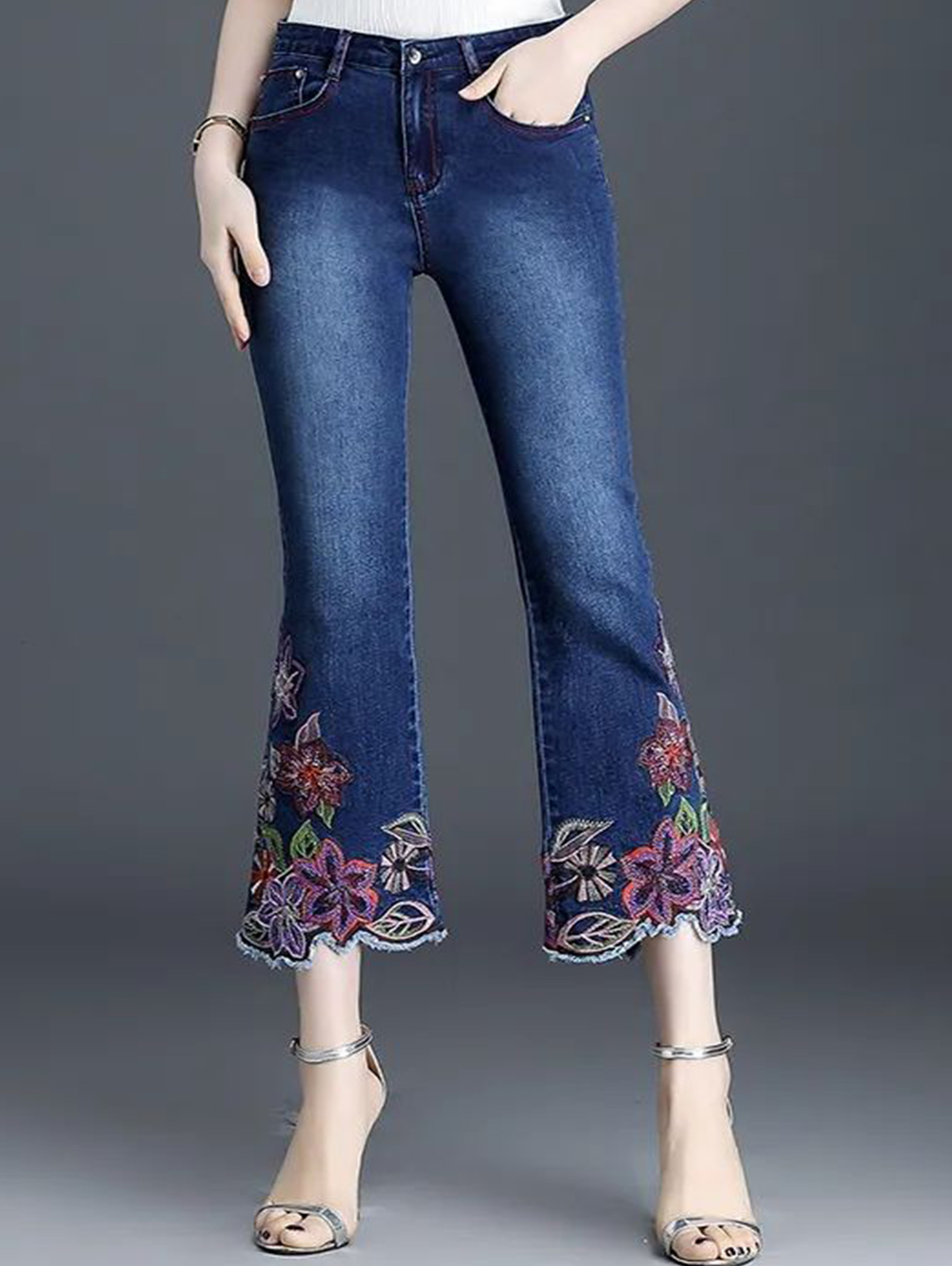 Casual High Waist Embroidery Denim Crop Flare Jeans